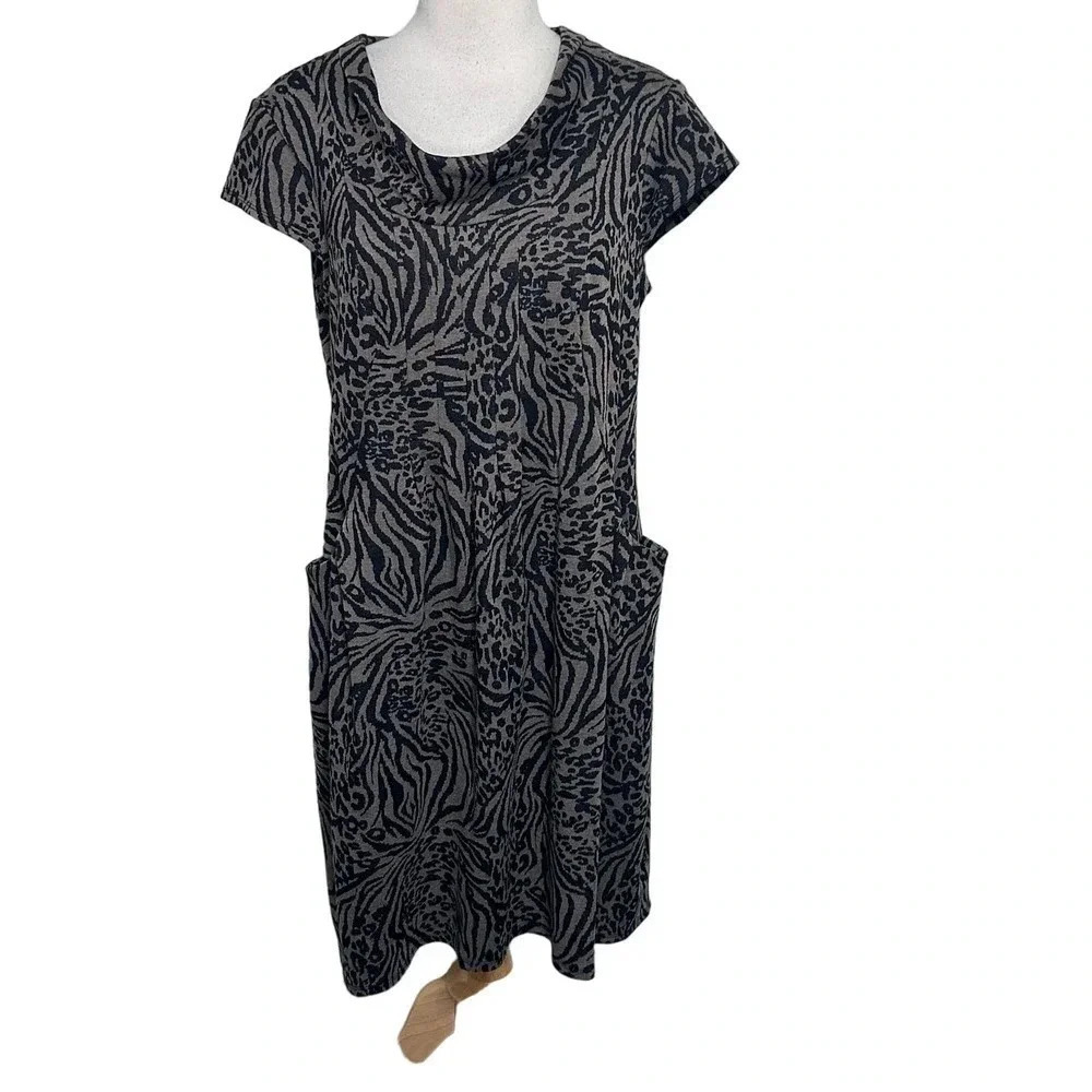 Perceptions Dress 12 Gray Black Zebra Leopard Cowl Neck Pocket Knit Sheath